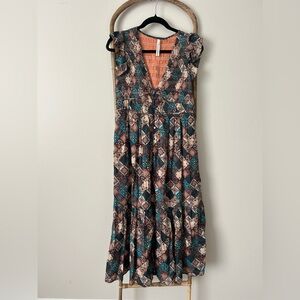 Anthropologie Teal and Brown Patterned Maxi Dress